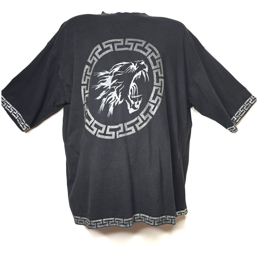 Men’s Black Embroidered Lion T Shirt XXL BKLYN XPRESS Greek Key Trim Big Cat SS